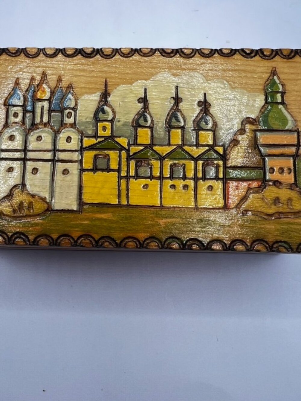 Vtg Russian Wood Trinket Box Pyrography Hand Made Church/Village 4x2" 70s/80s